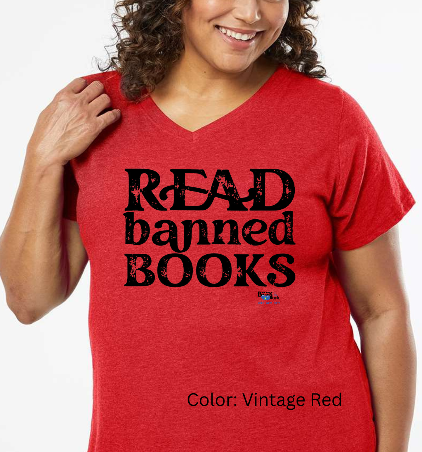 "READ banned books" Curvy Collection V-Neck - Fundraising Shirt for Local Area Children's Summer Reading Program