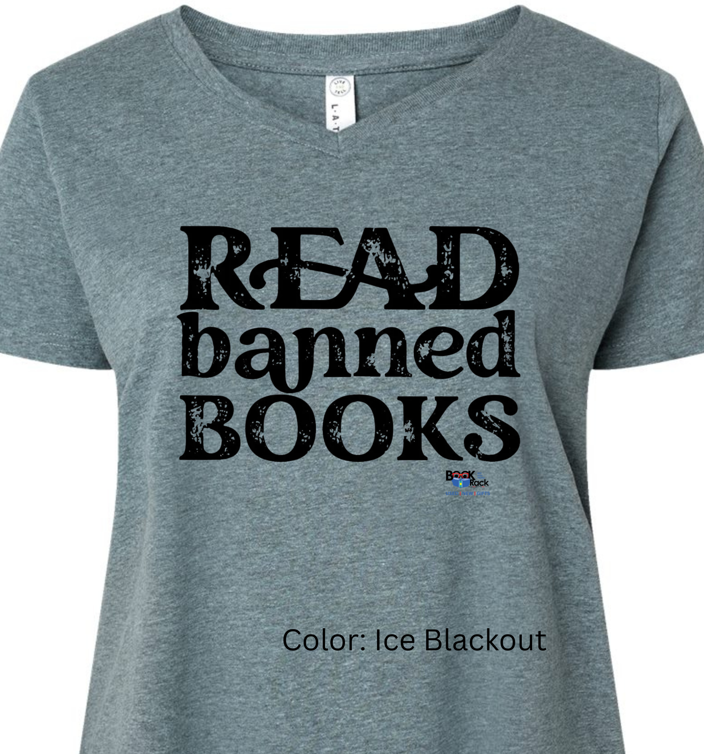 "READ banned books" Curvy Collection V-Neck - Fundraising Shirt for Local Area Children's Summer Reading Program