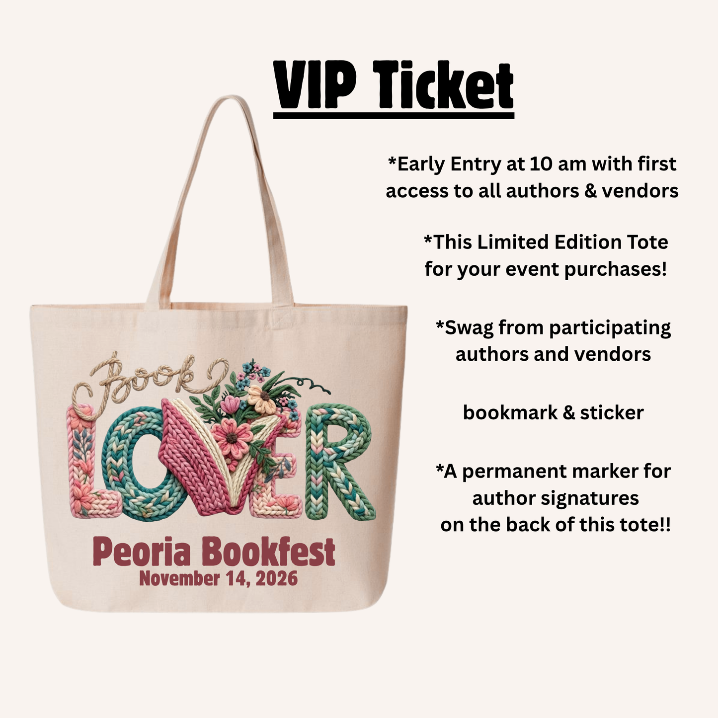 VIP Ticket to Peoria Bookfest, Saturday * November 14, 2026 * Early entry starts at 10 am