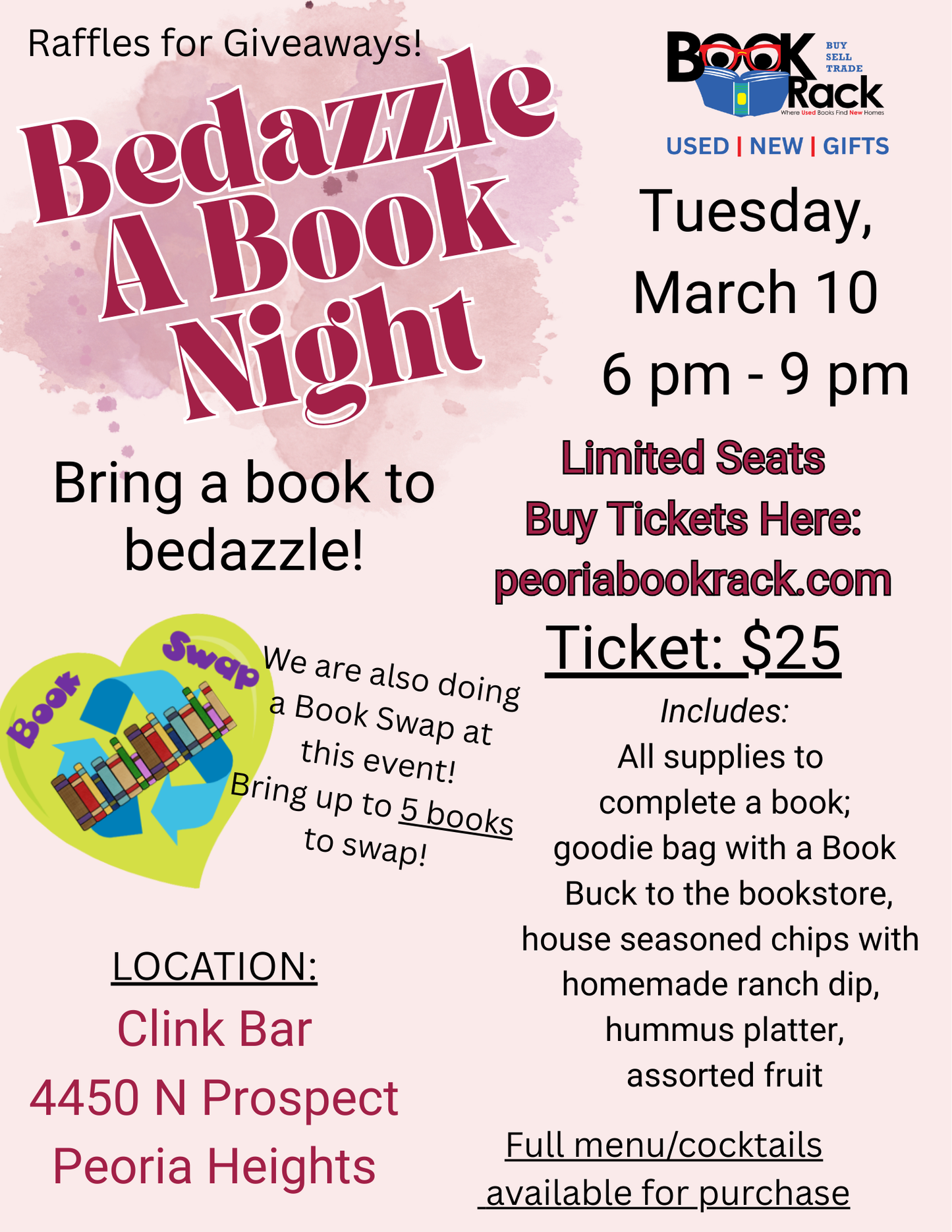 Bedazzle a Book Night - Tuesday, March 10 6pm to 9pm at Clink Bar!